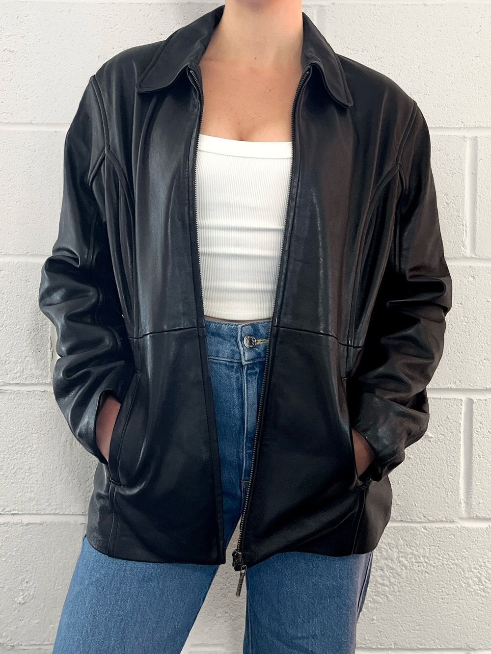 Vintage 90s Y2K Kasper Black Leather Zip-Front Jacket